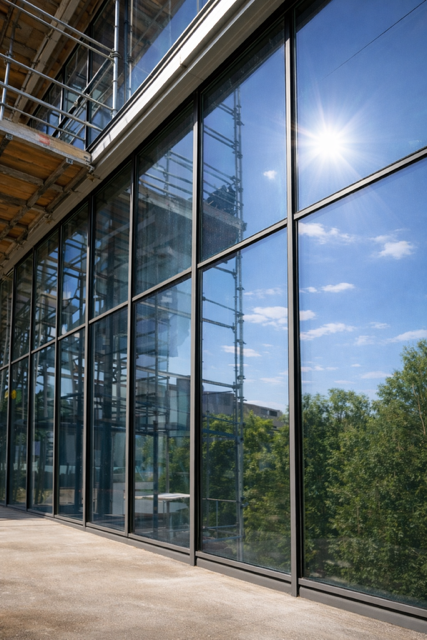 Glasfassade mit Sonnenschein