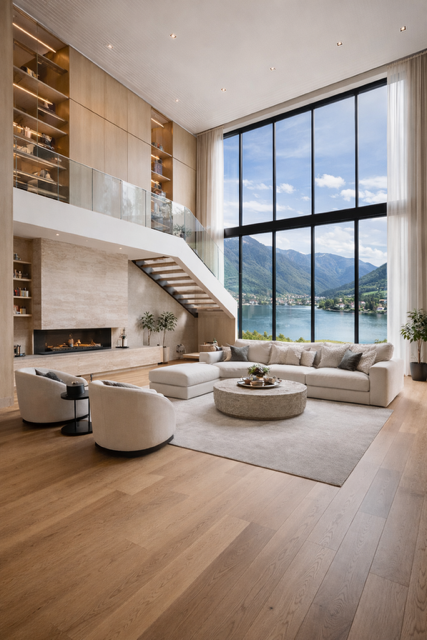 Helles, modernes Wohnzimmer mit Aussicht