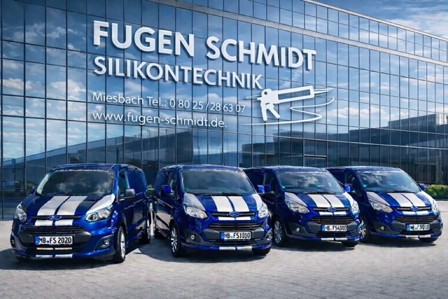 Blaue Autos vor Glasgebäude